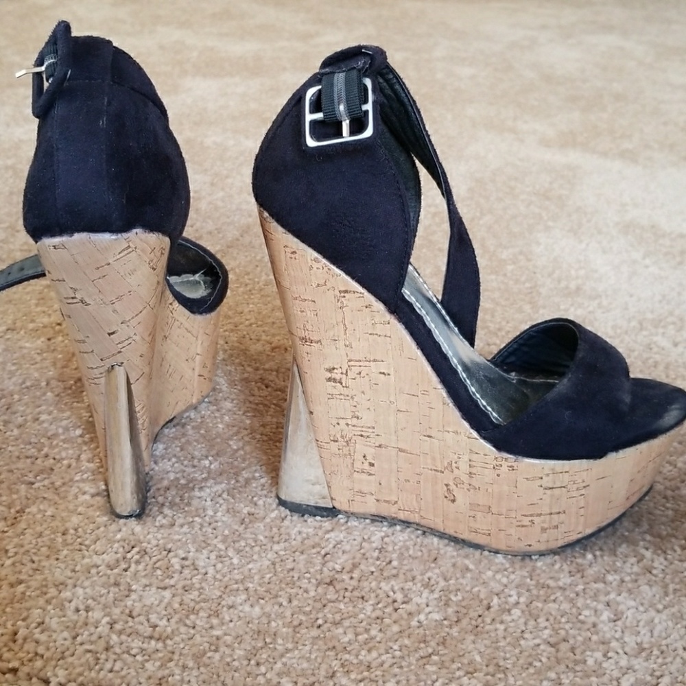 Black Cork Wedges w/ Metal Detail